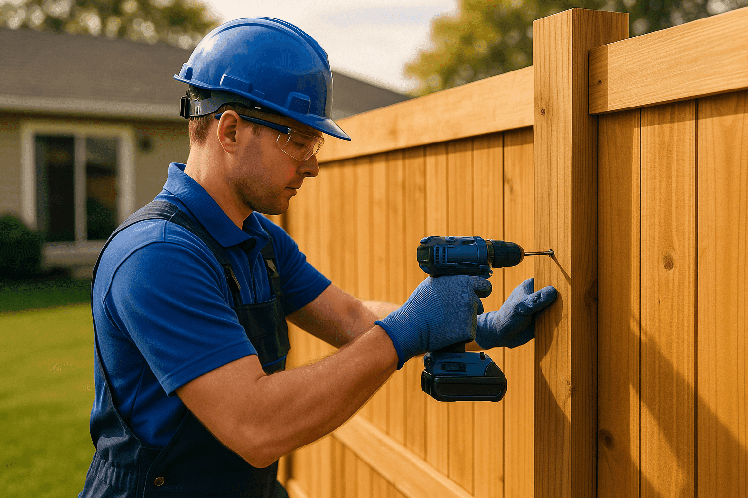 Professional installing wooden fence panel in suburban backyard wearing safety gear