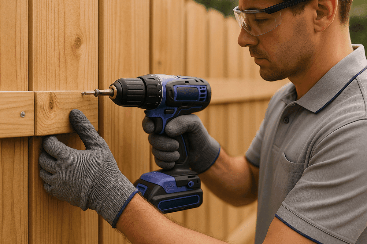 Close-up of hands securing wooden fence panel with cordless drill wearing safety gloves